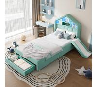 Kayan Cama infantil de 90 x 200 cm, cama tapizada con tobogán izquierda/derecha, cama tapizada con iluminación LED, puerto de carga, estantería para cabecero y gran cajón, sin colchón, color verde