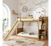 Kayan Litera, cama de casa, cuna, cama con escalera esquinera, cuna con techo y ventana, cuna con 3 taquillas en la escalera, litera con tobogán, pino+MDF, blanco+natural, 90 x 200 cm