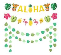 KAYEF decoracion hawaiana,4 piezas fiesta hawaiana decoracion- flamingo piña tiki tropical party supplies, gold glitter aloha sign flag for summer pools