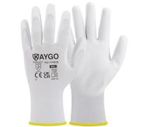 KAYGO 12 pares de guantes de trabajo para hombres y mujeres, guantes de protección recubiertos de PU, agarre antideslizante en palmas y dedos, adecuados para trabajos generales (Blanco, talla 9)