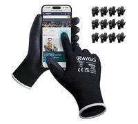 KAYGO 12 pares de guantes de trabajo para hombres y mujeres, guantes de protección recubiertos de PU, agarre antideslizante en palmas y dedos, para trabajos generales (Negro Touchscreen, talla 10)