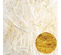Kayqbonke 250g Raffia Virutas de Papel Para Relleno, Shredded Paper Filling Blanco y Dorado, Tira Papel Relleno para Cajas Regalos, Papel Triturado para Paquetes, Cajas de Regalo, Cestas de Cestas