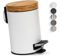 Kazai.® 3 Litros Cubo de Basura para el Baño de Diseñador - Bambú Superior | Cierre Suave | Anti-Huellas | Blanco