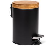 Kazai.® 3 Litros Cubo de Basura para el Baño de Diseñador - Bambú Superior | Cierre Suave | Anti-Huellas | Negro