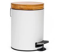 Kazai.® 5 Litros Cubo de Basura para el Baño de Diseñador - Bambú Superior | Cierre Suave | Anti-Huellas | Blanco