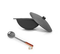 Kazan de hierro fundido 12 L - Uzbeko Kazan (плов казан) con tapa de aluminio, espumadera y cucharón - Ideal para Plov, cocina en horno de fuego, olla uzbeka