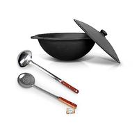 Kazan de hierro fundido 12 L - Uzbeko Kazan con tapa de aluminio, cucharón (44 - 47 cm) y espumadera (48 cm) - Ideal para Plov, WOK, horno de fuego - плов казан