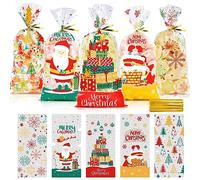 KAZATE Bolsas de Chuches Navidad 100pcs, Bolsas Celofan Transparente para Regalos, Bolsitas Plastico Pequeñas Papel con Lazo de Torsión Navideños Decoraciones para Galletas Chocolate Gominolas Dulces