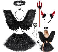 KAZGVN Disfraz de ángel, disfraces de Halloween para mujer, juego de 6 piezas de disfraces de carnaval, incluye falda de alas de ángel, halo de palo, cuernos de diablo, diadema, tenedor de diablo