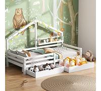 KAZZIO Cama para casa de 90 x 200 cm, cama infantil con estante y dos cajones grandes con espacio de almacenamiento y forma de chimenea, color blanco