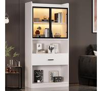 KAZZIO Curio Vitrina con luz, estantes de almacenamiento con puertas de cristal emergentes, cajones grandes y luz de 16 colores, estante de exhibición de armario coleccionable, vitrina de estantería