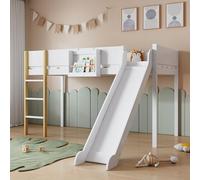 KAZZIO Litera con escalera recta de tres niveles, cama infantil, cama juvenil con tobogán, con estante extraíble, pino+MDF, blanco y natural, 90 x 200 cm (cama alta)