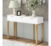 KAZZIO Mesa consola moderna con cajones, estructura dorada, almohadillas ajustables y asas elegantes (blanco+oro)