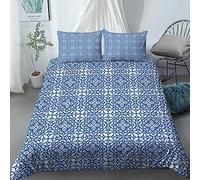 KBDQGX Funda Nordica Cama 90, Juego De Ropa De Cama De Invierno 135X200Cm Patrón Geométrico Azul Y Blanco Patrón, 3 Piezas Funda De Nórdica De Microfibra Y 2 Fundas De Almohada, con Cremallera