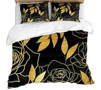 KBDQGX Juego De Ropa De Cama De Adulto 260X240Cm 3 Piezas Patrón De Impresión De Arte De Moda De Lujo con Ramas Y Hojas De Rosas En Oro Negro, Lámina De Oro 3D Juego De Fundas Edredón De Microfibra