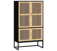 KBHRENP Aparador Alto Madera Contrachapada Negro 70x35x125 cm | Puertas de Pino Macizo, Patas de Hierro, Amplio Almacenaje, Estilo Escandinavo
