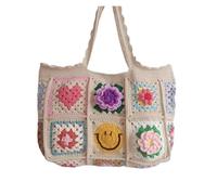 KBLDOPN Bolsos Tejidos Crochet Bolso de hombro grande con diseño fresa y cereza crochet, estilo vintage, hecho a mano, granny square(Color 4)
