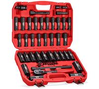 KBOISHA Juego de llaves de impacto de 1,27 cm, juego de 48 piezas de 6 puntos de profundidad estándar SAE y métricas CR-V de acero con adaptador de broca y mango de trinquete