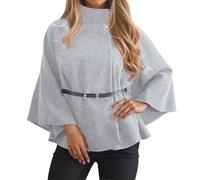 KBOPLEMQ Abrigo elegante para mujer, poncho de invierno con mangas de murciélago y cinturón, monocolor, cuello alto, poncho con botones, abrigo de lana corto, holgado, moda, ocio, exterior, túnicas, O