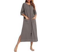 KBOPLEMQ Bata para mujer con cremallera delantera, albornoz con mangas medias, bata de cuerpo entero de algodón suave con bolsillos, ropa de dormir cómoda, casaca de dormir larga, albornoz largo, gris