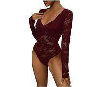 KBOPLEMQ Body de encaje elegante de manga larga con cuello en V para mujer, body de malla elegante y moldeador con cuello de tortuga, lencería sexy, body de manga larga, top largo para mujer, body de