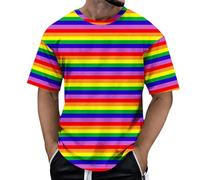 KBOPLEMQ Camiseta de rayas arcoíris para hombre, multicolor, manga corta, cuello redondo, camiseta de ocio LGBTQ, camiseta de comunidad, moda urbana, camiseta deportiva, Pride Month Tops, Q Orange, XL