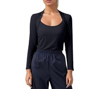KBOPLEMQ Camiseta deportiva 2 en 1 para mujer, cuello redondo, transpirable, de secado rápido, deportiva, moderna, diseño bolero, camiseta de yoga, monocolor, para gimnasio, O negro., L