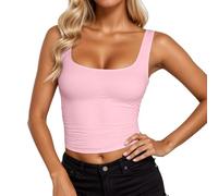 KBOPLEMQ Camiseta sin mangas para mujer, cuello cuadrado, camiseta de tirantes de doble capa, básica, para verano, fitness, entrenamiento, informal, sujetador deportivo, acolchado, sin aros, parte
