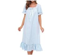 KBOPLEMQ Camisón de punto de algodón para mujer, manga larga, ropa de dormir vintage victoriana, vestido de noche de encaje, cuello redondo, pijama, ropa de salón, ropa de salón, ropa de salón,