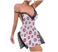 KBOPLEMQ Camisón para mujer, elegante, sexy, sin mangas, lencería con patrón de corazones de San Valentín, transpirable, con abertura de encaje, vestido de lencería, corte ajustado, ropa de dormir