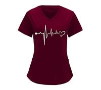 KBOPLEMQ Casaca Mujer Cuidado Corazón Impreso Ropa de Trabajo Manga Corta Cuello en V para Enfermera, Dentista, Doctores, Sirvienta, Hospital Cuidado Uniforme Top Camisa Casual Ropa Exterior, Vino, L