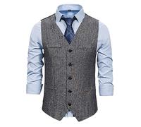 KBOPLEMQ Chaleco de traje para hombre, informal, de lana, con cuello en V, tweed para novios, corte ajustado, a cuadros, de lana, tweed chalecos, chalecos para hombre, frack, negocios, boda, chaleco