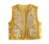 KBOPLEMQ Chaleco sin mangas para mujer, chaleco bordado floral, chaleco retro estilo étnico, cárdigan tradicional, estilo bohemio, hippie, vintage, floral, chaleco bordado étnico, O amarillo., L