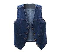 KBOPLEMQ Chaleco vaquero sin mangas para mujer, chaqueta vaquera para otoño e invierno, efecto de lavado, botón hacia abajo, chaleco azul oscuro, chaqueta vaquera, chaqueta vaquera, chaqueta vaquera,