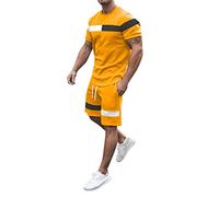 KBOPLEMQ Chándal para hombre,traje de verano de 2 piezas,camiseta de manga corta, camisetas y pantalones cortos, conjunto de camisa con solapa, ropa deportiva para hombres y adolescentes, amarillo, M