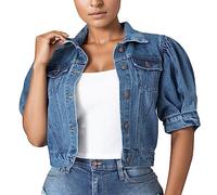 KBOPLEMQ Chaqueta vaquera para mujer, con cuello de solapa, abrigo de manga corta extragrande, vaquero lavado, estilo motociclista, chaqueta de manga de burbuja, abrigo vaquero, abrigo recortado para