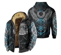 KBOPLEMQ Chaqueta vikinga para hombre con estampado nórdico, chaqueta con capucha, estampado medieval, chaqueta vintage Odin Dios, chaqueta de forro polar, chaqueta de invierno con cremallera completa