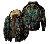 KBOPLEMQ Chaqueta vikinga para hombre con estampado nórdico, chaqueta con capucha, estampado medieval, chaqueta vintage Odin Dios, chaqueta de forro polar, chaqueta de invierno con cremallera completa