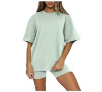 KBOPLEMQ Conjunto de chándal corto para mujer, traje deportivo de gran tamaño, camiseta de un solo color, top + polainas cortas push up, chándal de entrenamiento, 2 piezas, conjuntos de ropa