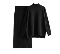 KBOPLEMQ Conjunto de jersey para mujer de 2 piezas, conjuntos de jersey de manga larga, cuello alto, de punto y falda, ropa de estar por casa casual, calentita, trajes de entrenamiento, pantalón de