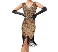 KBOPLEMQ Gatsby - Disfraz de Charleston para mujer, vestido de los años 20, con lentejuelas, cuello en V, hasta la rodilla, flecos, vestido de cóctel, vestido de noche, vestido de fiesta, O amarillo.,