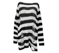KBOPLEMQ Jersey gótico punk grunge a rayas rasgado largo suéter suéter suéter de punto vestido de manga larga cuello redondo oversize jersey tops tops ropa escena grunge jersey de punto, O blanco