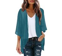 KBOPLEMQ Kimono de gasa para mujer, cárdigan de manga 3/4, bikini con estampado floral, ligero, para playa, abierto, chaqueta para verano, bolero, gasa, verano, cárdigan, marine, XXL