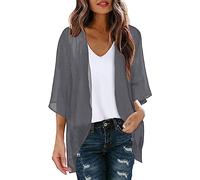 KBOPLEMQ Kimono de gasa para mujer, cárdigan de manga 3/4, bikini con estampado floral, ligero, para playa, abierto, chaqueta para verano, bolero, gasa, verano, cárdigan, gris, XXL
