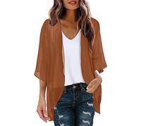 KBOPLEMQ Kimono de gasa para mujer, cárdigan de manga 3/4, bikini con estampado floral, ligero, para playa, abierto, chaqueta para verano, bolero, gasa, verano, cárdigan, marrón, L