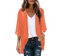 KBOPLEMQ Kimono de gasa para mujer, cárdigan de manga 3/4, bikini con estampado floral, ligero, para playa, abierto, chaqueta para verano, bolero, gasa, verano, cárdigan, naranja, S