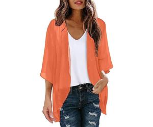 KBOPLEMQ Kimono de gasa para mujer, cárdigan de manga 3/4, bikini con estampado floral, ligero, para playa, abierto, chaqueta para verano, bolero, gasa, verano, cárdigan, naranja, S