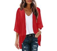 KBOPLEMQ Kimono de gasa para mujer, cárdigan de manga 3/4, cover up para bikini con estampado floral, ligero, para playa, abierto, chaqueta para verano, bolero, cárdigan de gasa, rojo, M