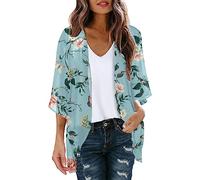 KBOPLEMQ Kimono de gasa para mujer, manga 3/4, chaqueta de verano para mujer, ligera, larga, cubierta de bikini, estampado floral, ligero, para playa, frente abierto, chaqueta para verano, azul, M