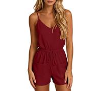 KBOPLEMQ Mono corto de verano para mujer, elegante, sin mangas, cuello de pico, cintura elástica, pantalones de verano, elásticos, espalda descubierta, traje informal con bolsillos, boho corto, O rojo
